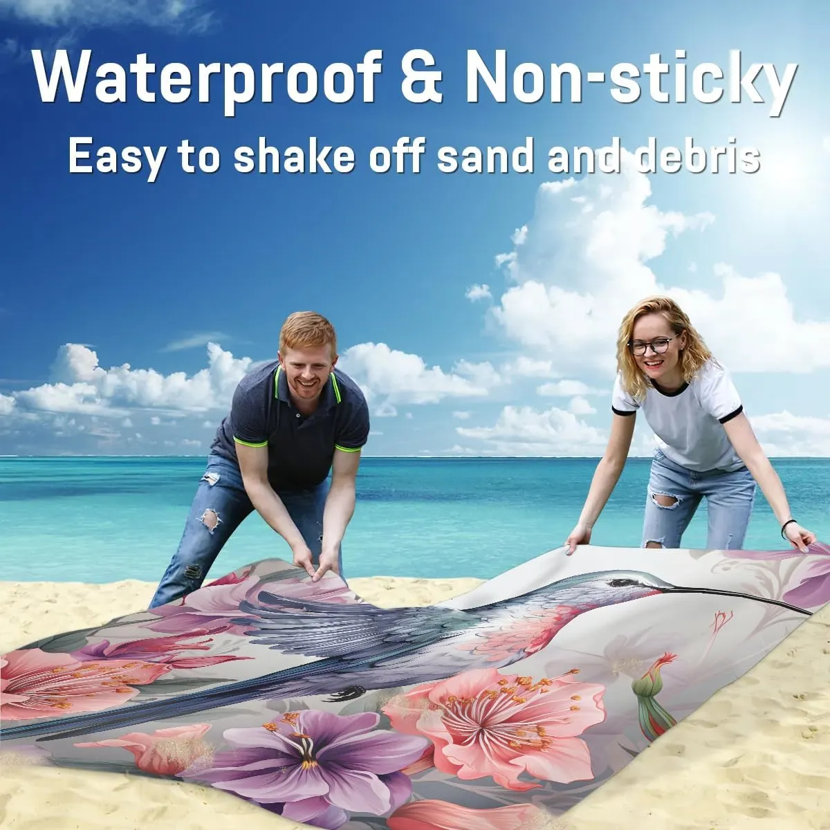 Hummingbird Beach Blanket, Sandproof Beach Mat, 68 x 59 Waterproof Quick Drying Sand Free Mat with 4 x Ground Spikes for Outdoor Travel Camping Hiking, Rural Flowers Bird