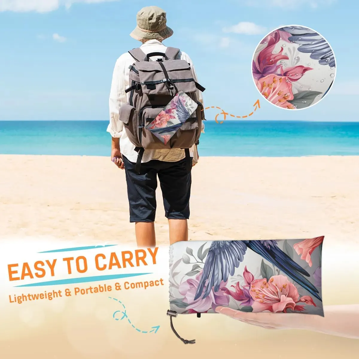 Hummingbird Beach Blanket, Sandproof Beach Mat, 68 x 59 Waterproof Quick Drying Sand Free Mat with 4 x Ground Spikes for Outdoor Travel Camping Hiking, Rural Flowers Bird