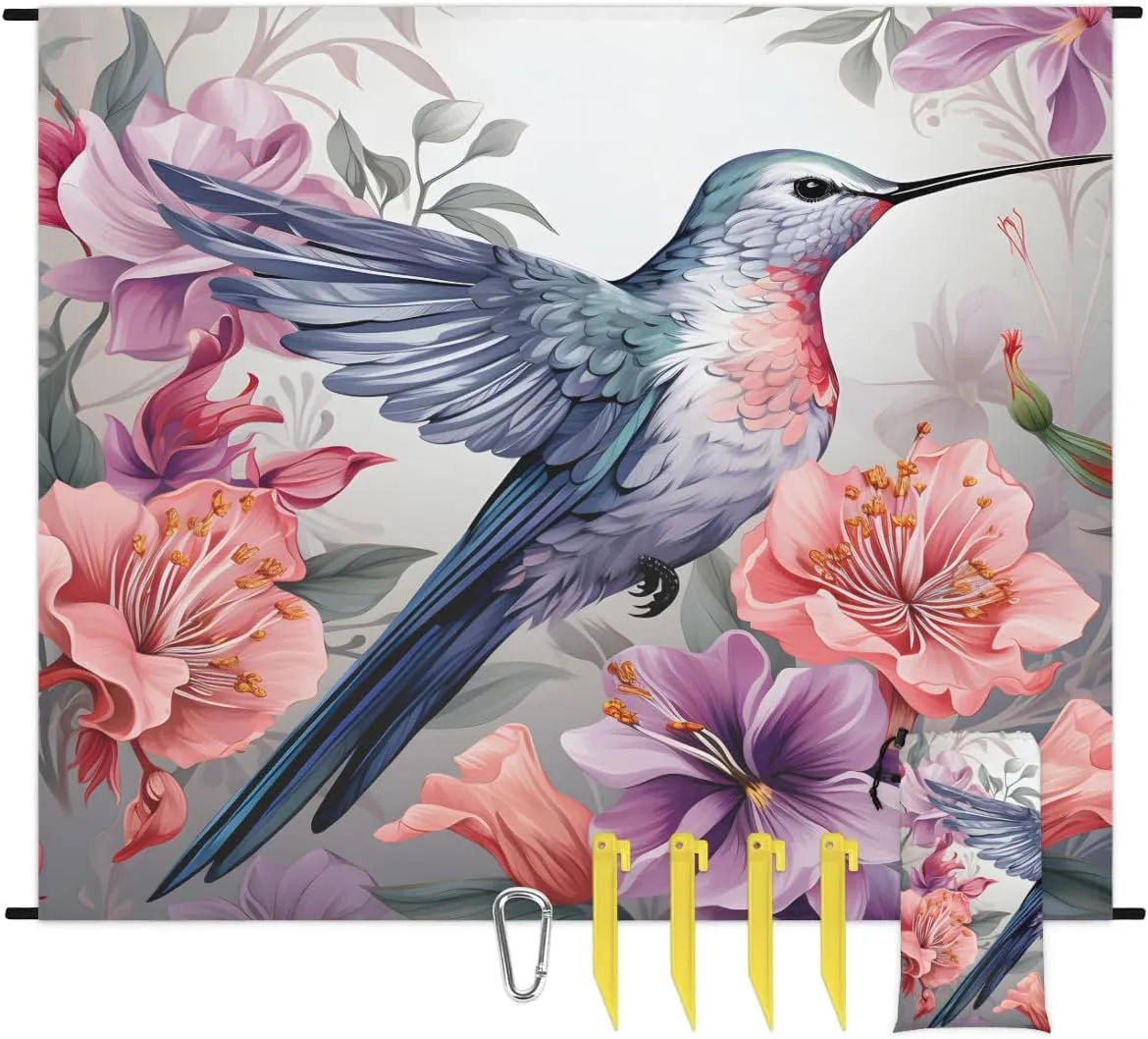 Hummingbird Beach Blanket, Sandproof Beach Mat, 68 x 59 Waterproof Quick Drying Sand Free Mat with 4 x Ground Spikes for Outdoor Travel Camping Hiking, Rural Flowers Bird