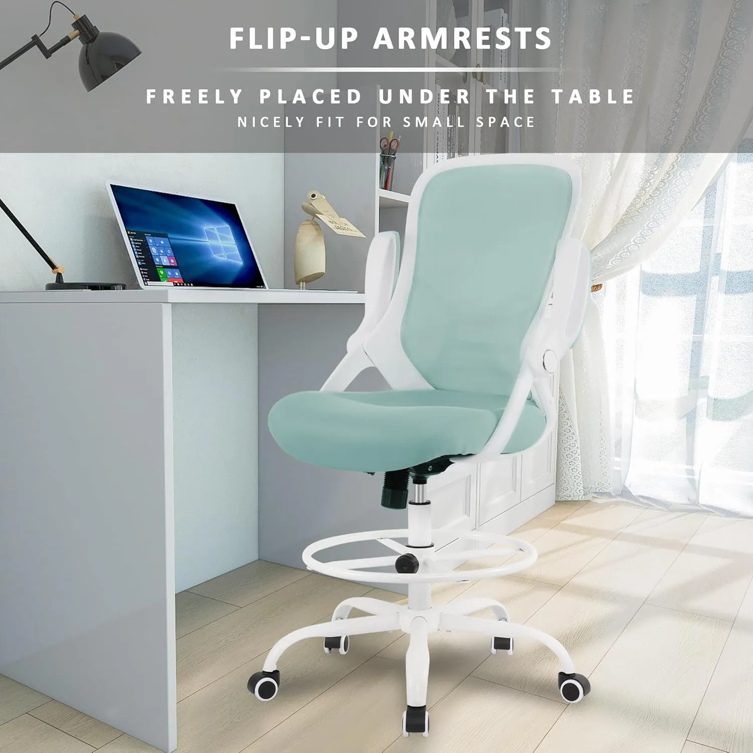 HYLONE Drafting Chair Tiffany Blue, Tall Office Chair Standing Desk Stool with Adjustable Height, Foot Ring, Flip-Up Arms, Mesh High-Back Office Chair, White