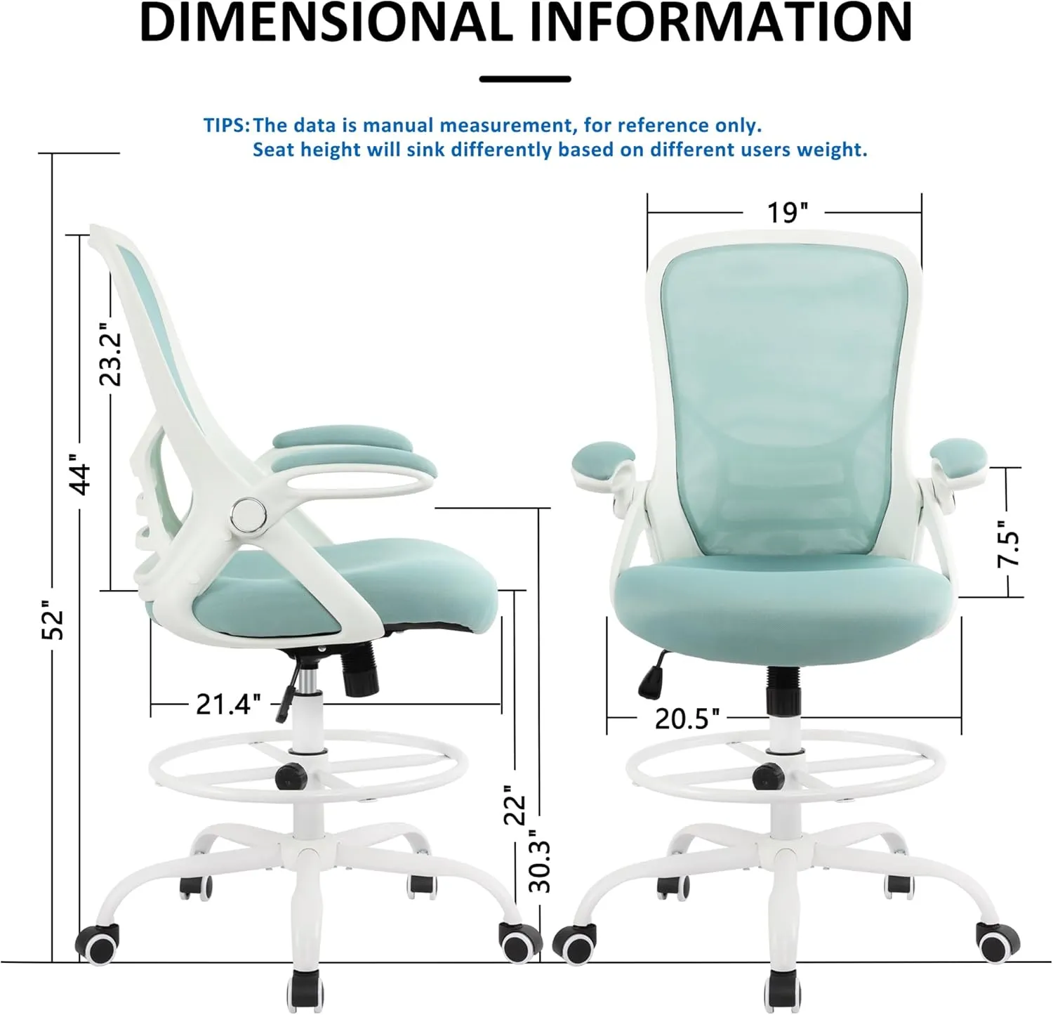 HYLONE Drafting Chair Tiffany Blue, Tall Office Chair Standing Desk Stool with Adjustable Height, Foot Ring, Flip-Up Arms, Mesh High-Back Office Chair, White