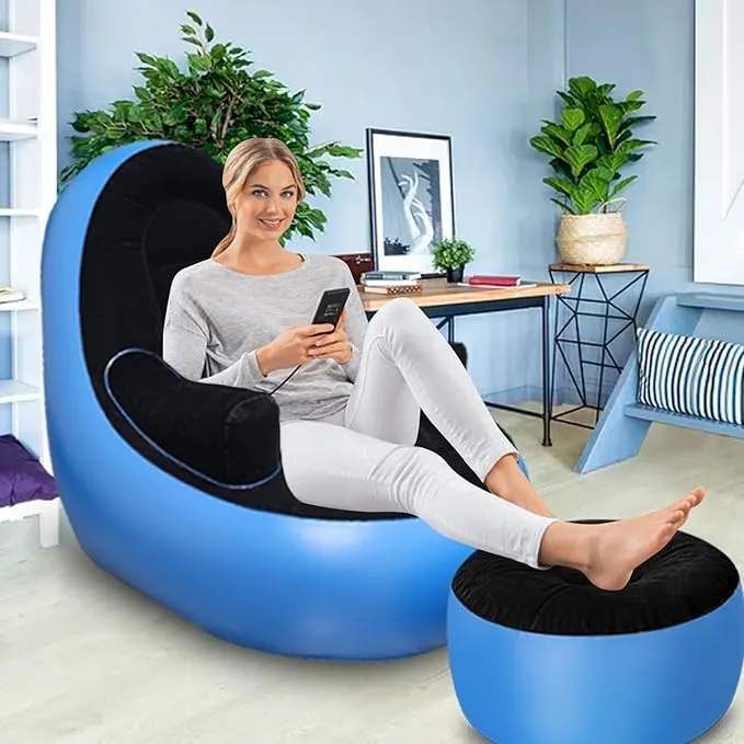 Inflatable Couch with Armrest＆Ottoman, Blow Up Lounger Chair, Folding Lazy Sofa, Inflatable Furniture Without Pump for Camping, Fishing, Party, Beach, Sunbathing, Hiking (Blue)