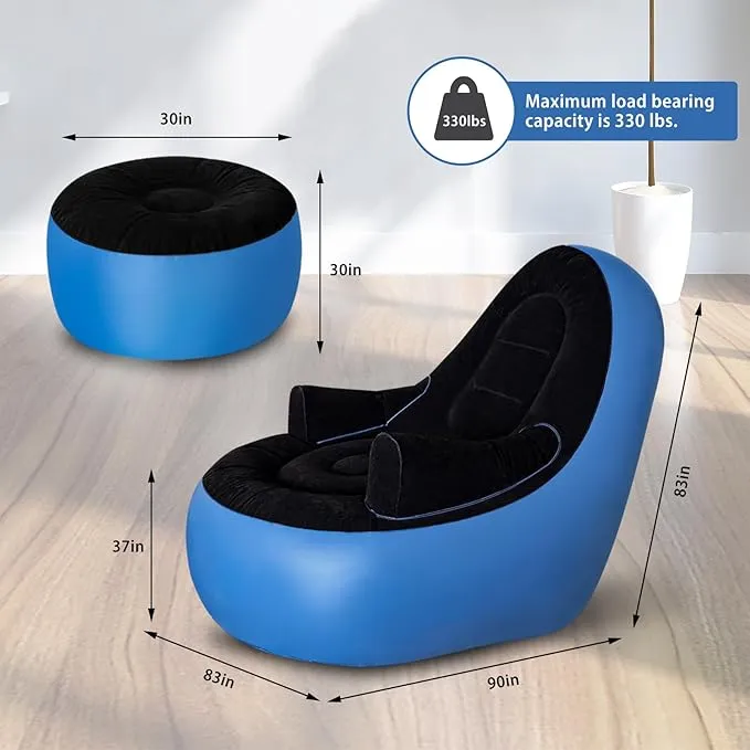 Inflatable Couch with Armrest＆Ottoman, Blow Up Lounger Chair, Folding Lazy Sofa, Inflatable Furniture Without Pump for Camping, Fishing, Party, Beach, Sunbathing, Hiking (Blue)