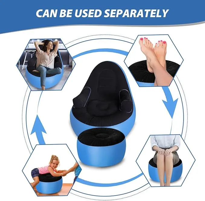 Inflatable Couch with Armrest＆Ottoman, Blow Up Lounger Chair, Folding Lazy Sofa, Inflatable Furniture Without Pump for Camping, Fishing, Party, Beach, Sunbathing, Hiking (Blue)