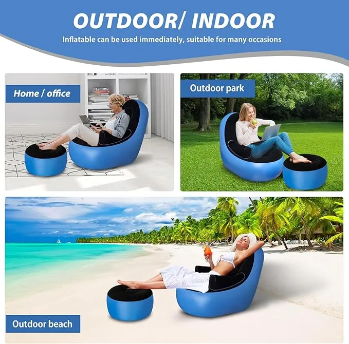 Inflatable Couch with Armrest＆Ottoman, Blow Up Lounger Chair, Folding Lazy Sofa, Inflatable Furniture Without Pump for Camping, Fishing, Party, Beach, Sunbathing, Hiking (Blue)