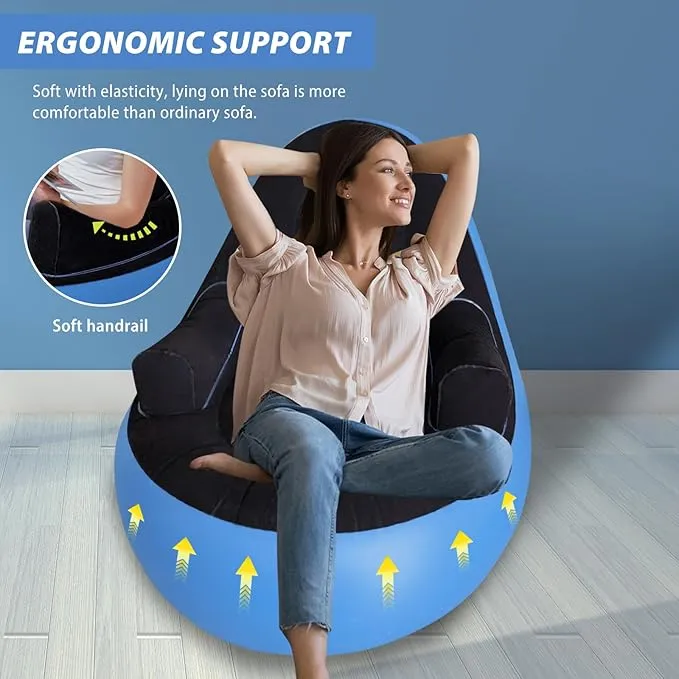 Inflatable Couch with Armrest＆Ottoman, Blow Up Lounger Chair, Folding Lazy Sofa, Inflatable Furniture Without Pump for Camping, Fishing, Party, Beach, Sunbathing, Hiking (Blue)