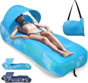 Inflatable Lounger Water and Land, Portable Inflatable Chair Air Couch with Sunshade, Outdoor Sofa Blow Up Couch with Carry Bag, Inflatable Camping Lounger for Beach Travel