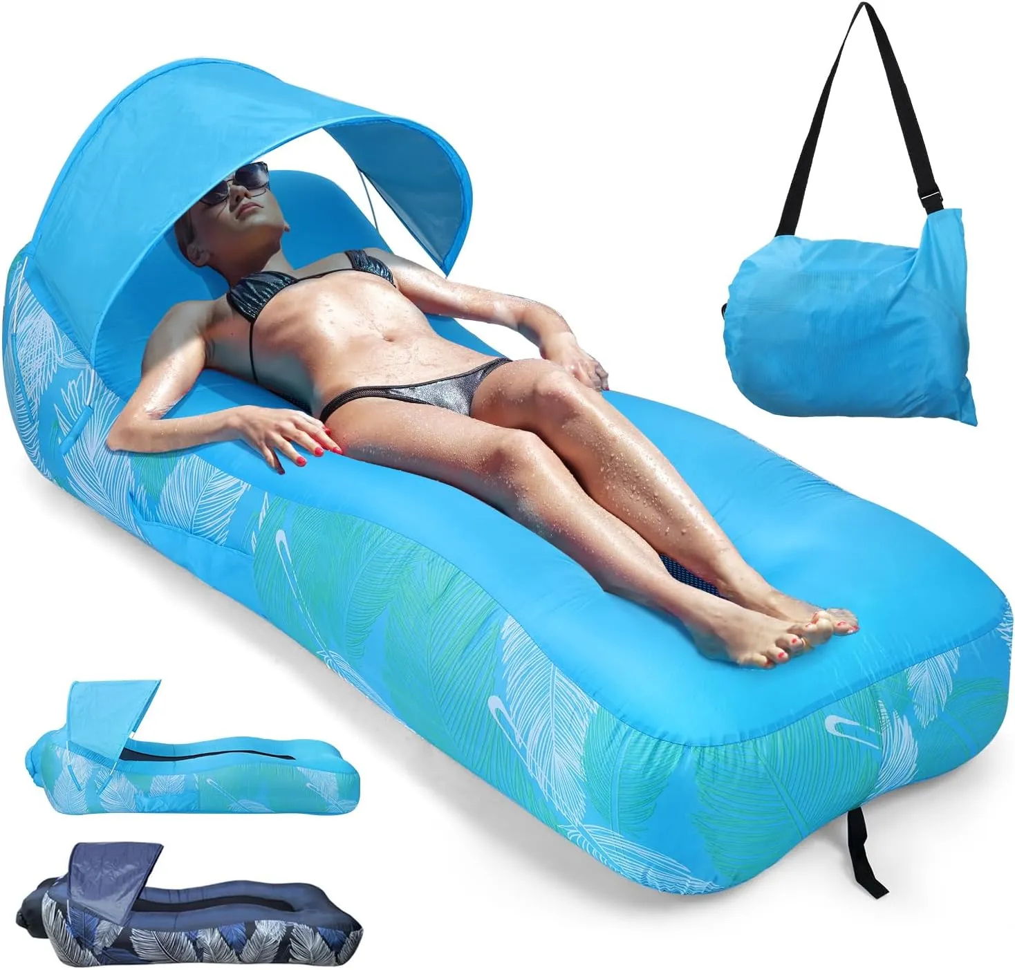 Inflatable Lounger Water and Land, Portable Inflatable Chair Air Couch with Sunshade, Outdoor Sofa Blow Up Couch with Carry Bag, Inflatable Camping Lounger for Beach Travel