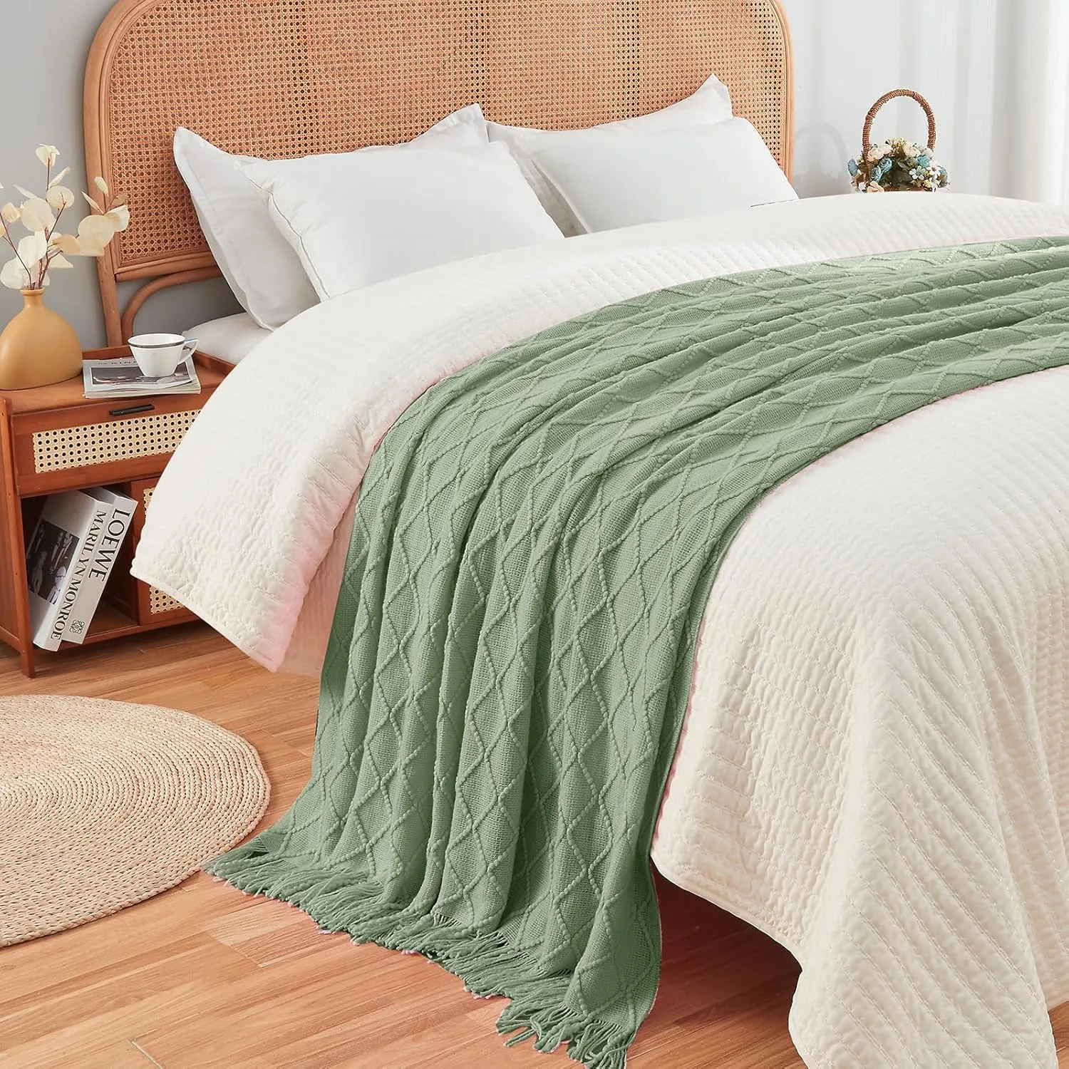 inhand Sage Green Throw Blanket for Couch, Soft Living Room Home Decor Knitted Blanket with Tassel, Outdoor Lightweight Breathable Summer Blanket, Farmhouse Warm Woven Decorative, 50"x60"