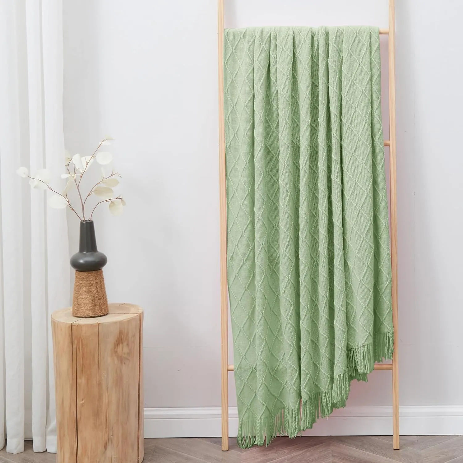 inhand Sage Green Throw Blanket for Couch, Soft Living Room Home Decor Knitted Blanket with Tassel, Outdoor Lightweight Breathable Summer Blanket, Farmhouse Warm Woven Decorative, 50"x60"