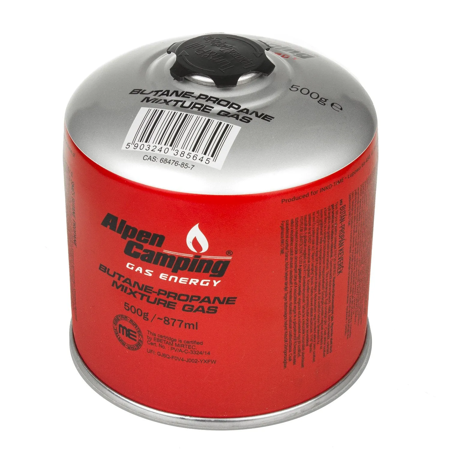 INKO-TIME IK008 500ml Propane Butane Gas Cartridge Alpen Camping Cooking Stove Certificate: Pi 0437, EN417 Compliant, Range -10°C to   40°C, Threaded Valve