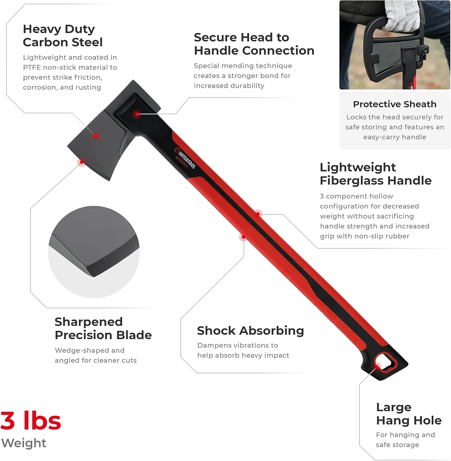 INTERTOOL 24” Mid-Size Scout Axe, Long Camp Hatchet, Splitting, Chopping, Felling, Kindling, Survival, Shock Absorbing MAX Grip Handle, Sheath, Storm HT08-0293