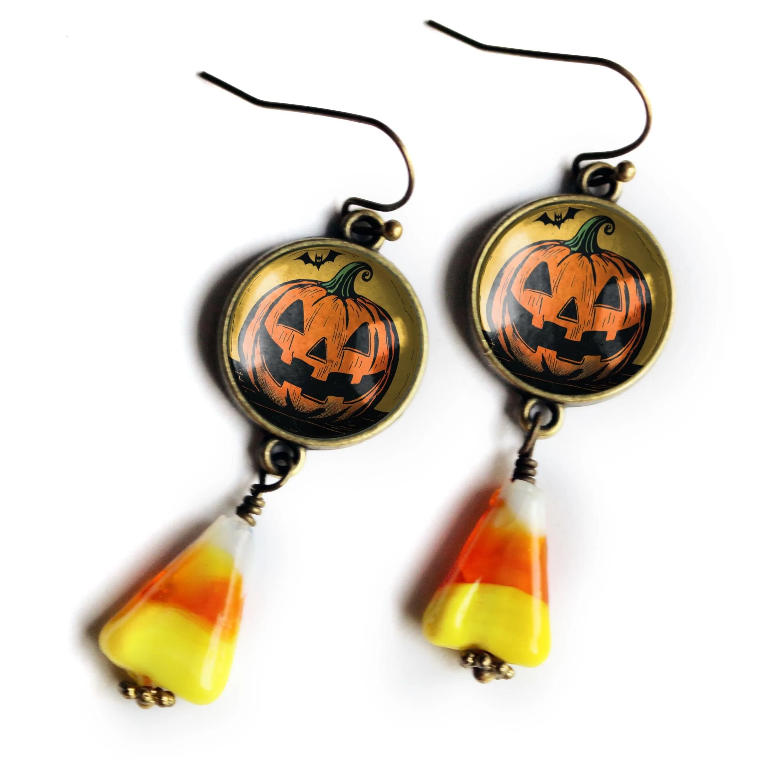Jack O Lantern and Bat w/ Candy Corn Retro Halloween Drop / Dangle Earrings