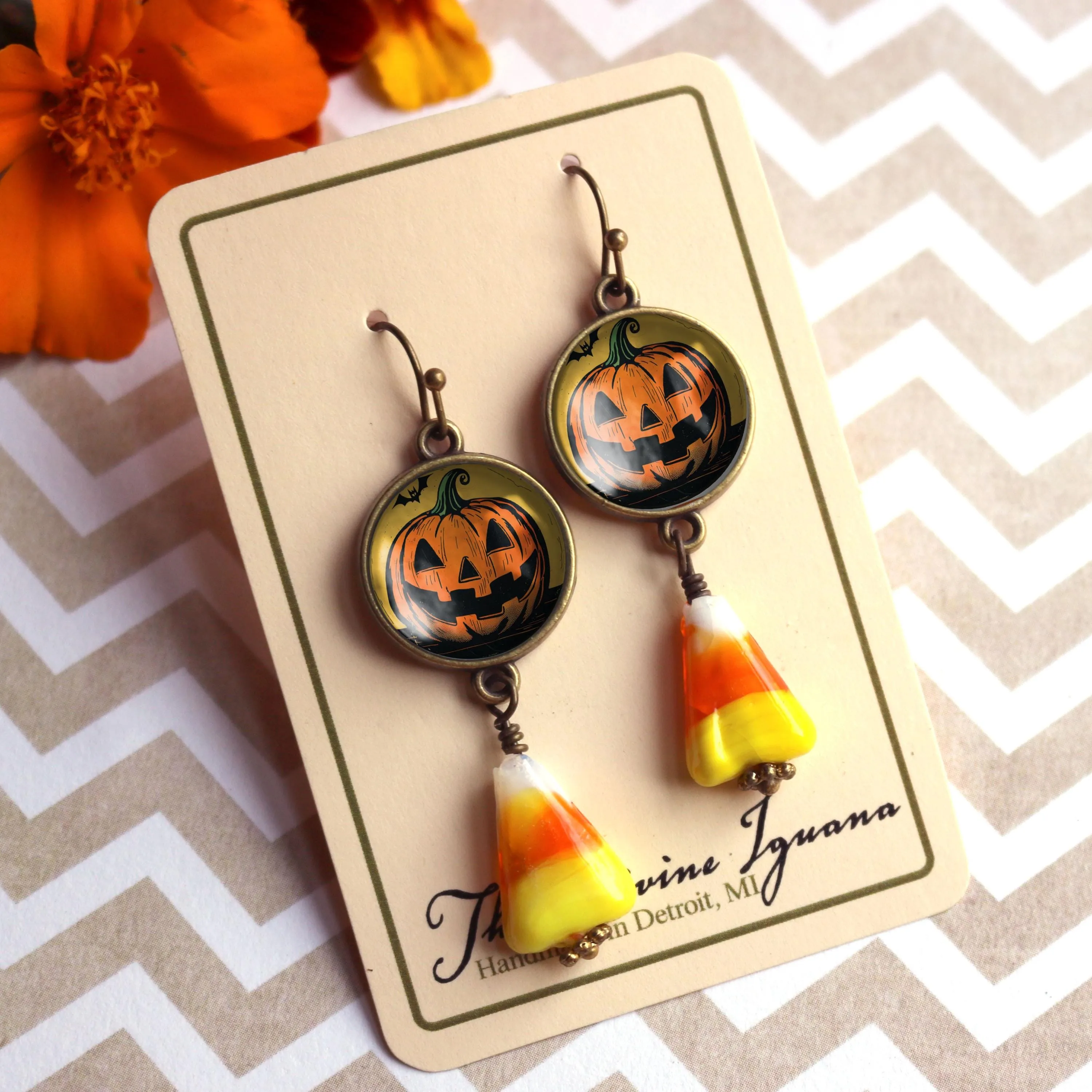 Jack O Lantern and Bat w/ Candy Corn Retro Halloween Drop / Dangle Earrings