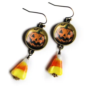 Jack O Lantern and Bat w/ Candy Corn Retro Halloween Drop / Dangle Earrings