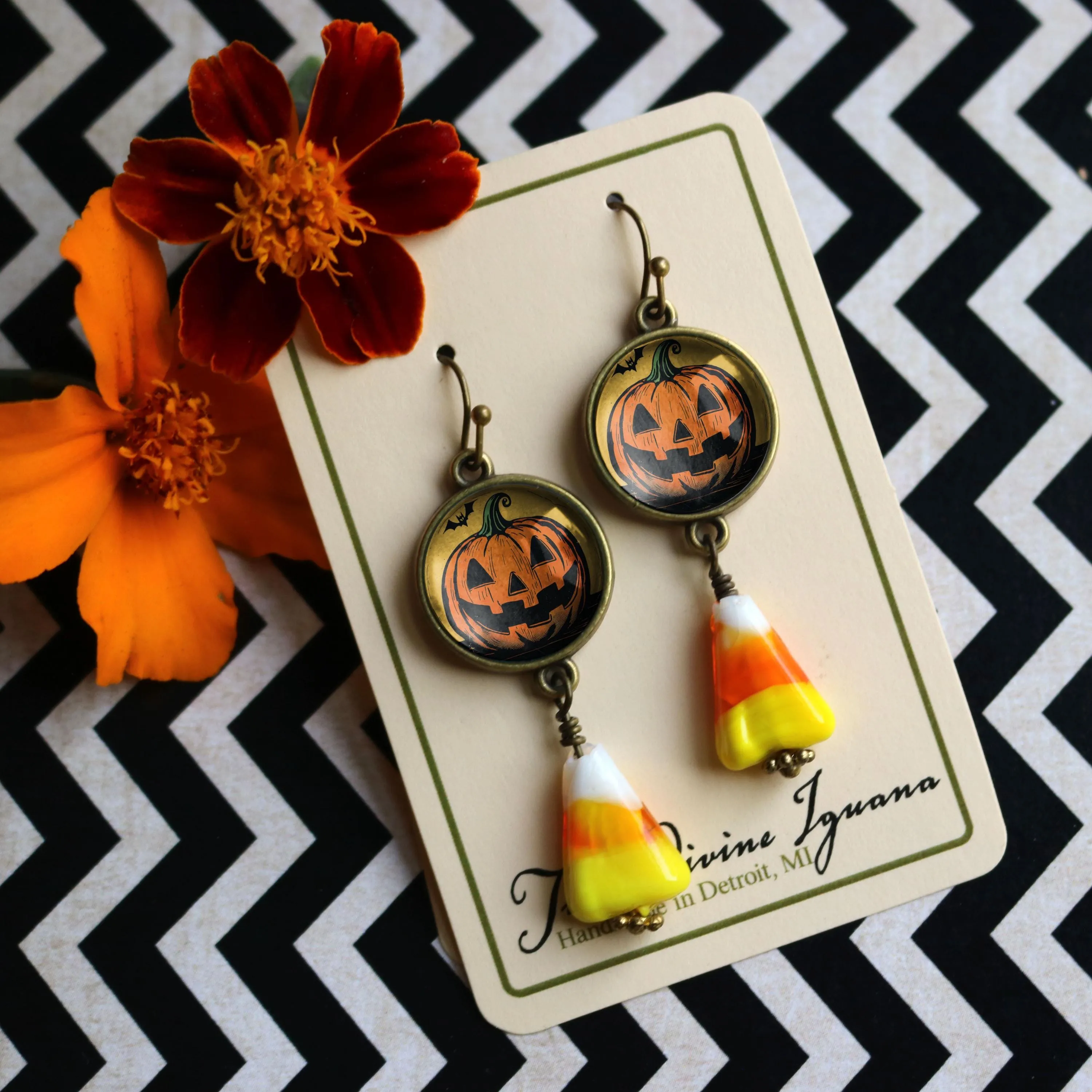 Jack O Lantern and Bat w/ Candy Corn Retro Halloween Drop / Dangle Earrings
