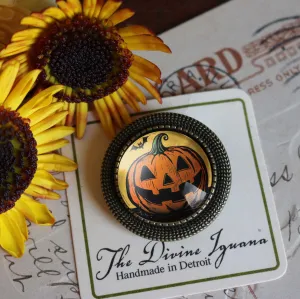 Jack O Lantern w/ Bat Retro Halloween Black Cat Vintage Inspired Pin Brooch