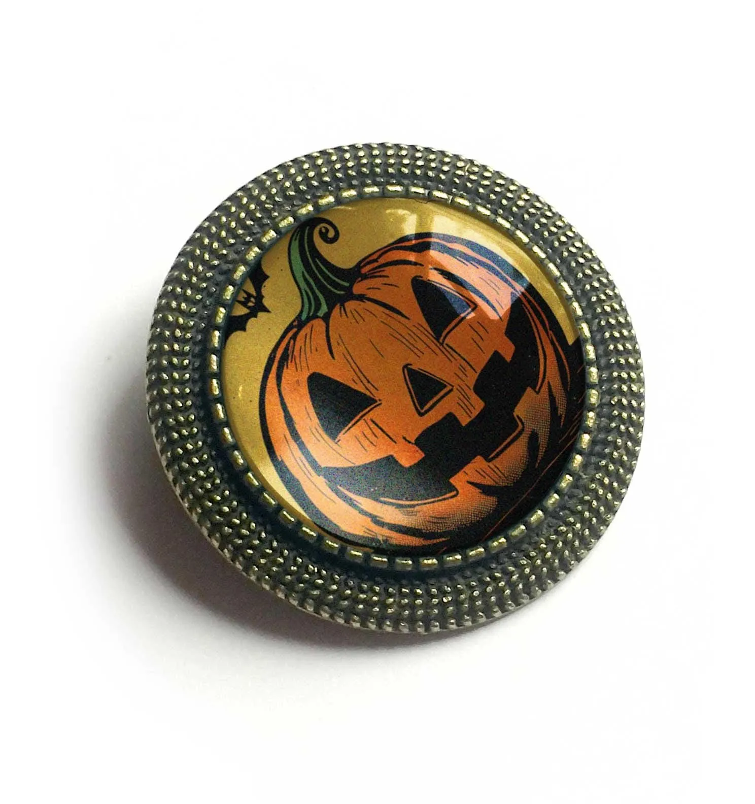 Jack O Lantern w/ Bat Retro Halloween Black Cat Vintage Inspired Pin Brooch
