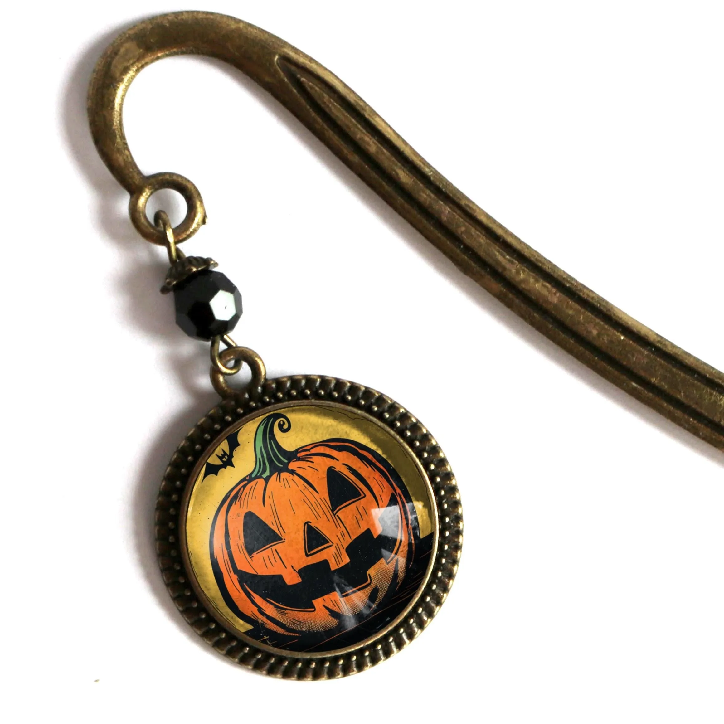 Jack O Lantern w/Bat Glass Cabochon Retro Halloween Brass Book Hook / Bookmark
