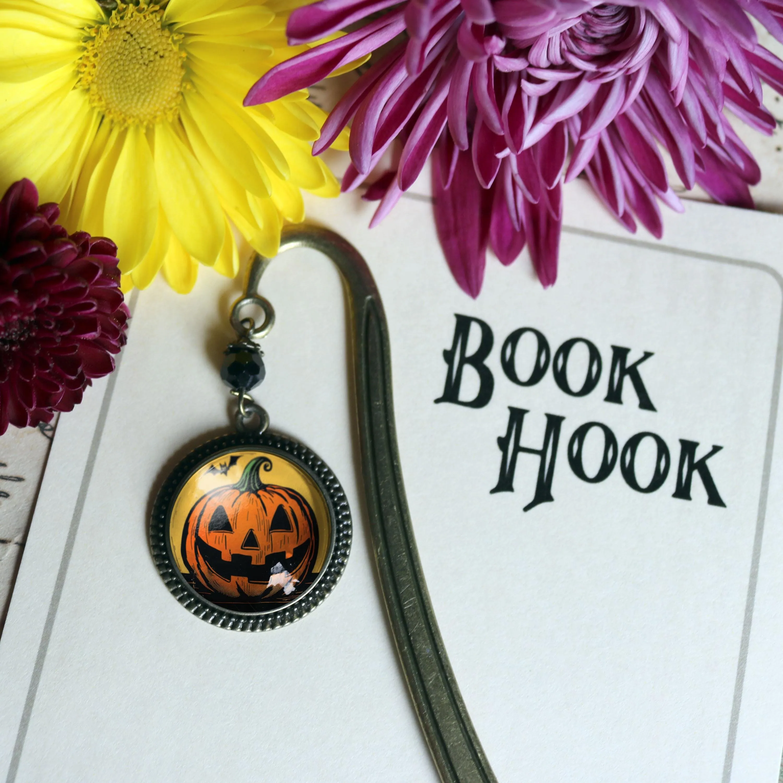 Jack O Lantern w/Bat Glass Cabochon Retro Halloween Brass Book Hook / Bookmark