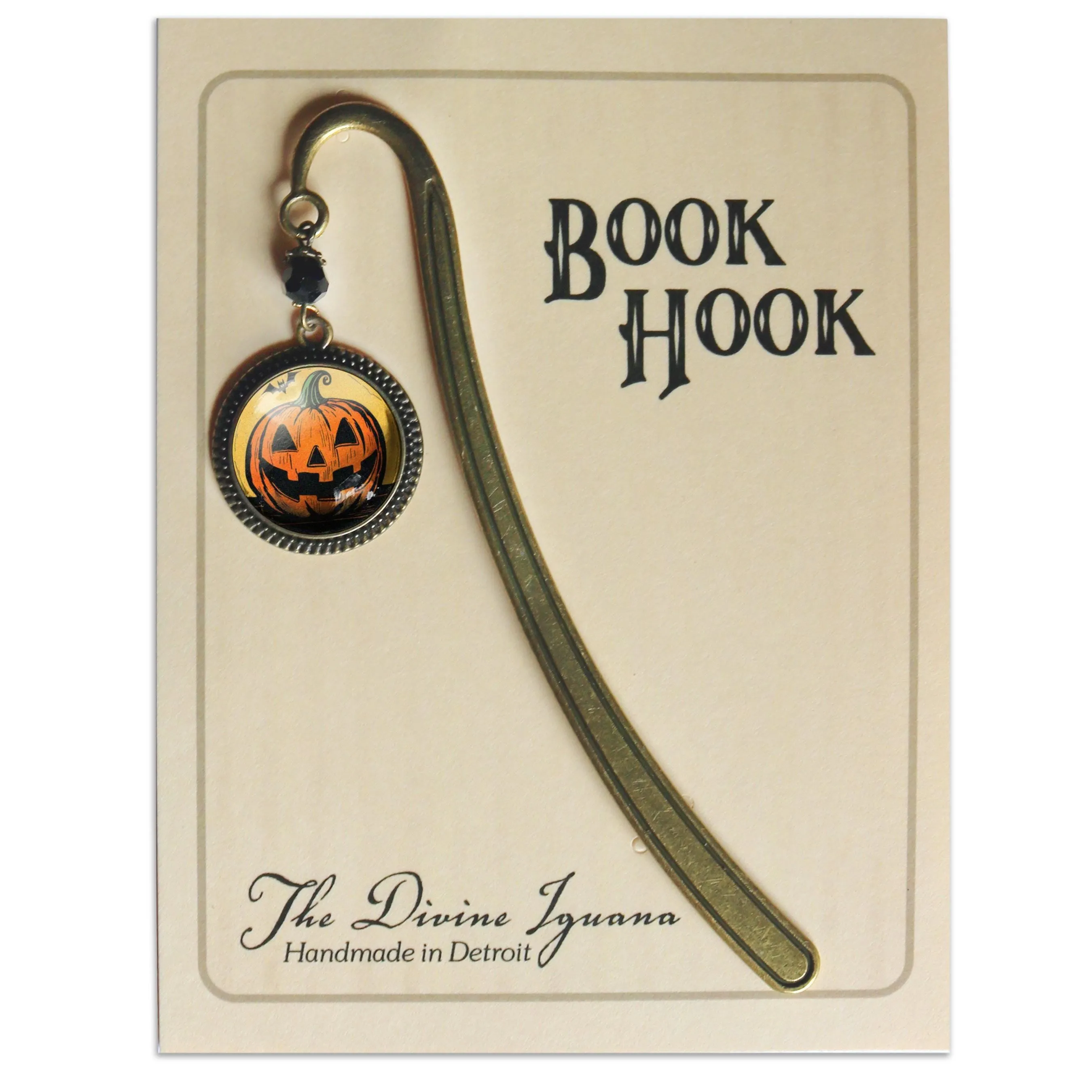 Jack O Lantern w/Bat Glass Cabochon Retro Halloween Brass Book Hook / Bookmark