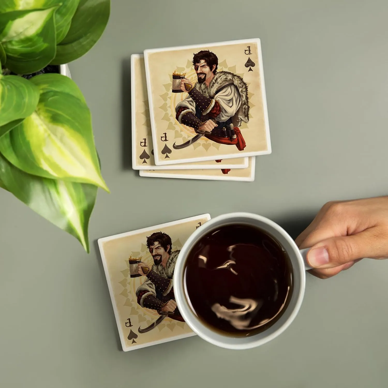 Jack of Spades, Playing Card (Absorbent Ceramic Coasters Set of 4 Matching Images, Cork Back, Kitchen Table Decor)
