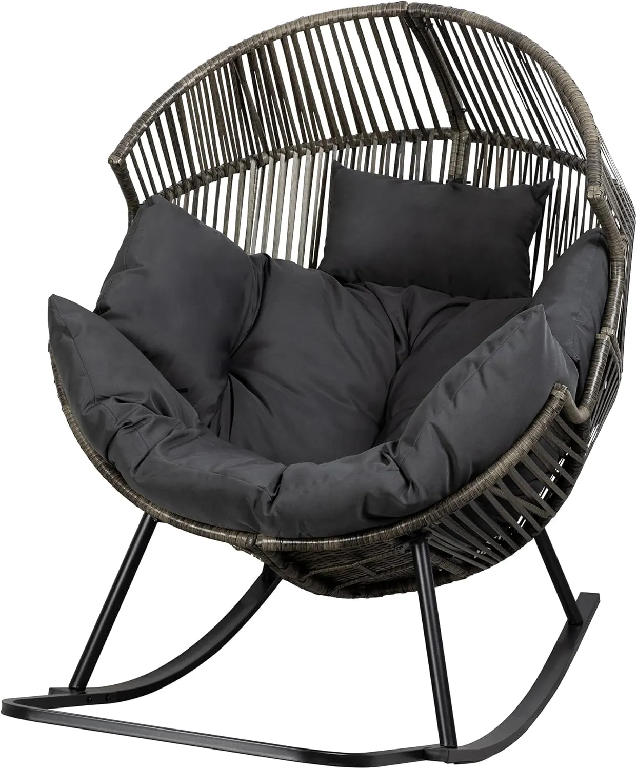 JAMFLY Egg Chair Outdoor Rocking Chairs, Wicker Patio Chair Oversized Lounger Chair with Cushion for Indoor Living Room Bedroom Outside Patio Backyard Balcony, Dark Gray