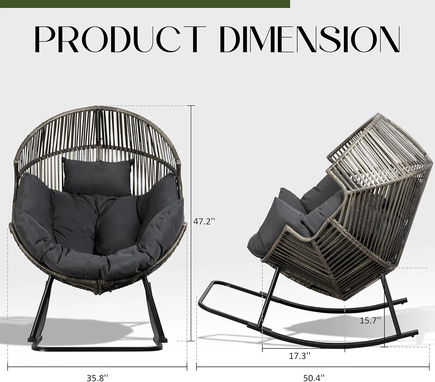 JAMFLY Egg Chair Outdoor Rocking Chairs, Wicker Patio Chair Oversized Lounger Chair with Cushion for Indoor Living Room Bedroom Outside Patio Backyard Balcony, Dark Gray