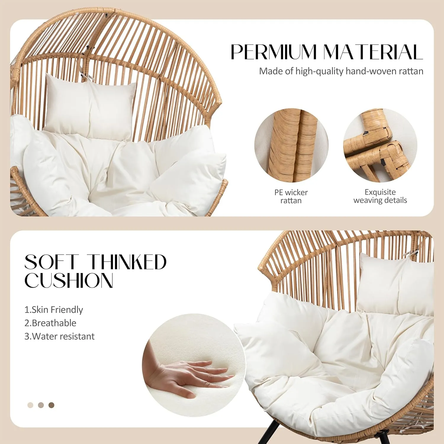 JAMFLY Egg Chair Wicker Outdoor Chairs, Oversized Patio Chair Oversized Lounger Chair with Cushion for Indoor Living Room, Bedroom, Outside Patio Backyard Balcony, Beige