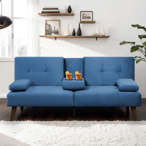 JAMFLY Futon Couch Sofa Bed Convertible, Small Sleeper Sofa Chair Loveseat with Cup Holder for Small Spaces, Living Room, Bedroom, Gameroom, Apartment, Dorm (Blue)