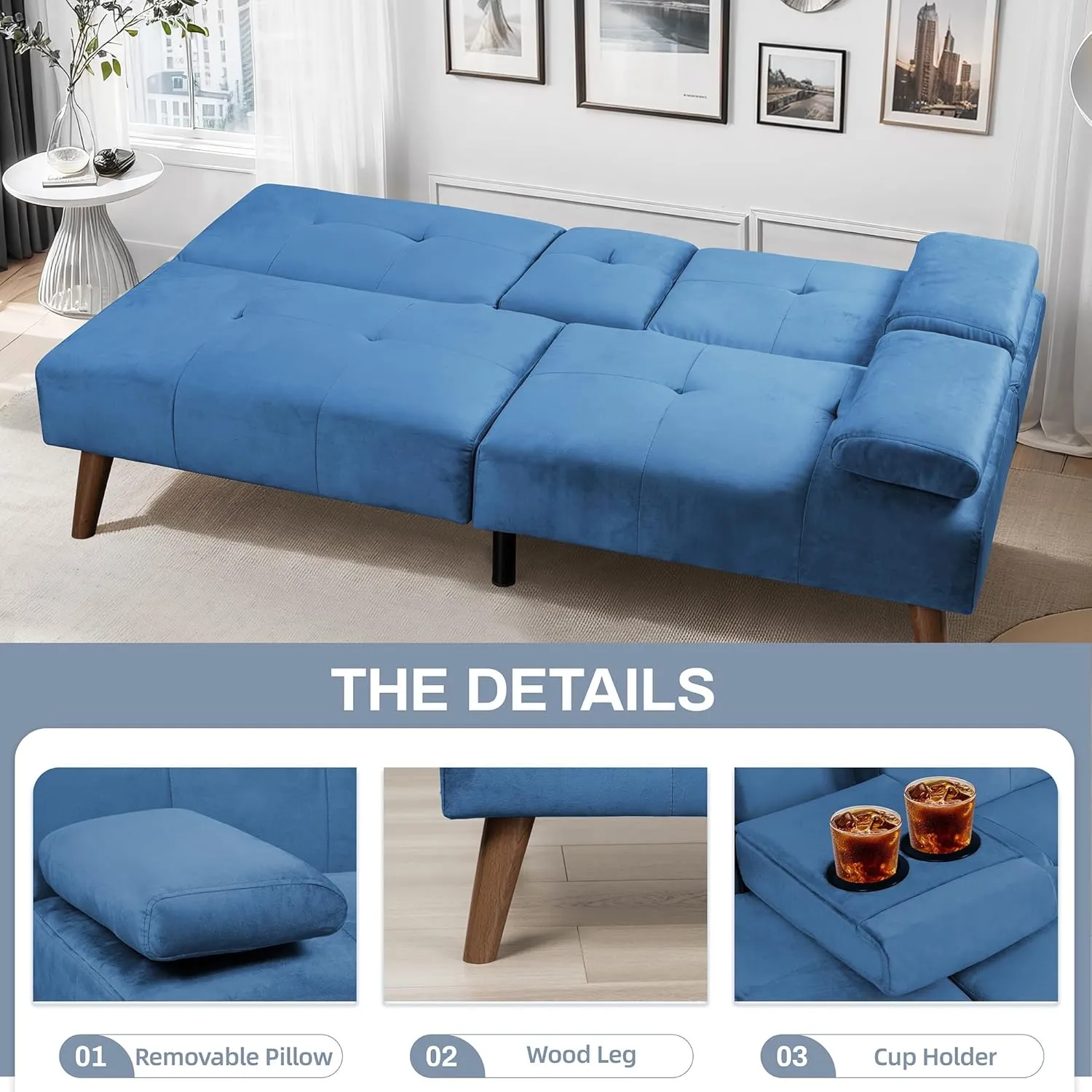 JAMFLY Futon Couch Sofa Bed Convertible, Small Sleeper Sofa Chair Loveseat with Cup Holder for Small Spaces, Living Room, Bedroom, Gameroom, Apartment, Dorm (Blue)