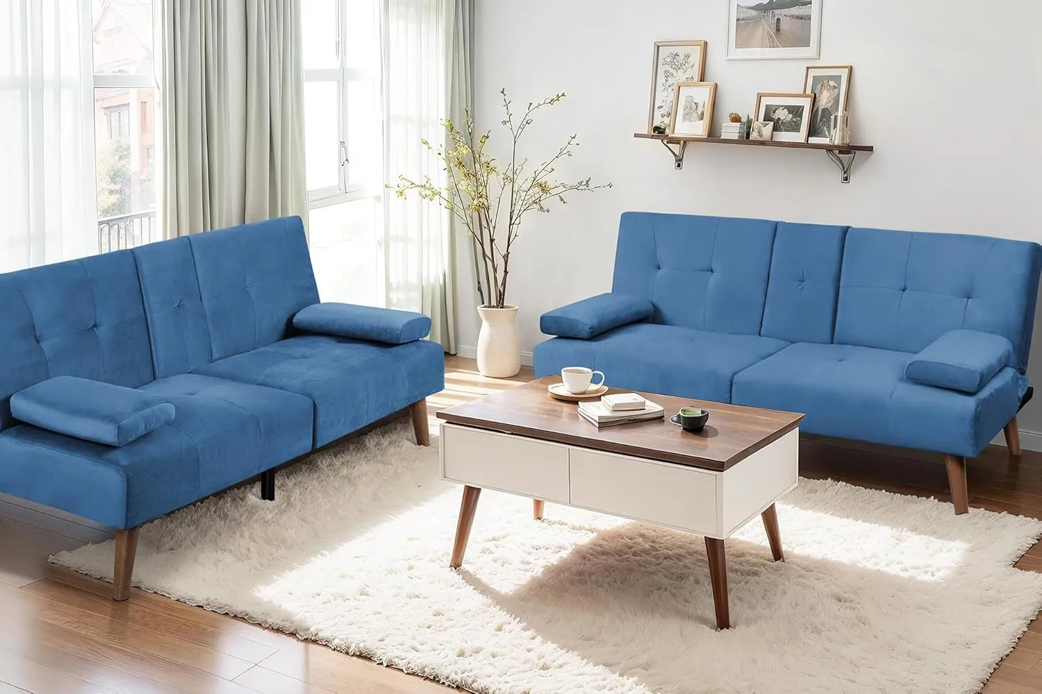 JAMFLY Futon Couch Sofa Bed Convertible, Small Sleeper Sofa Chair Loveseat with Cup Holder for Small Spaces, Living Room, Bedroom, Gameroom, Apartment, Dorm (Blue)