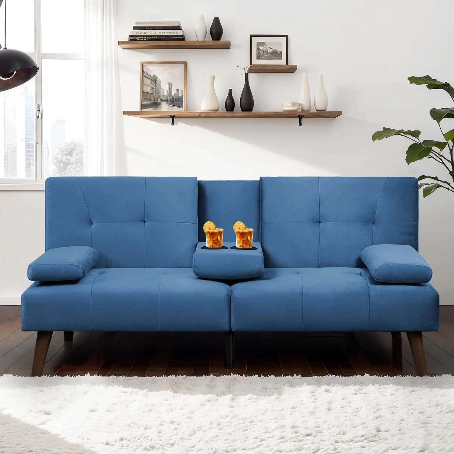 JAMFLY Futon Couch Sofa Bed Convertible, Small Sleeper Sofa Chair Loveseat with Cup Holder for Small Spaces, Living Room, Bedroom, Gameroom, Apartment, Dorm (Blue)