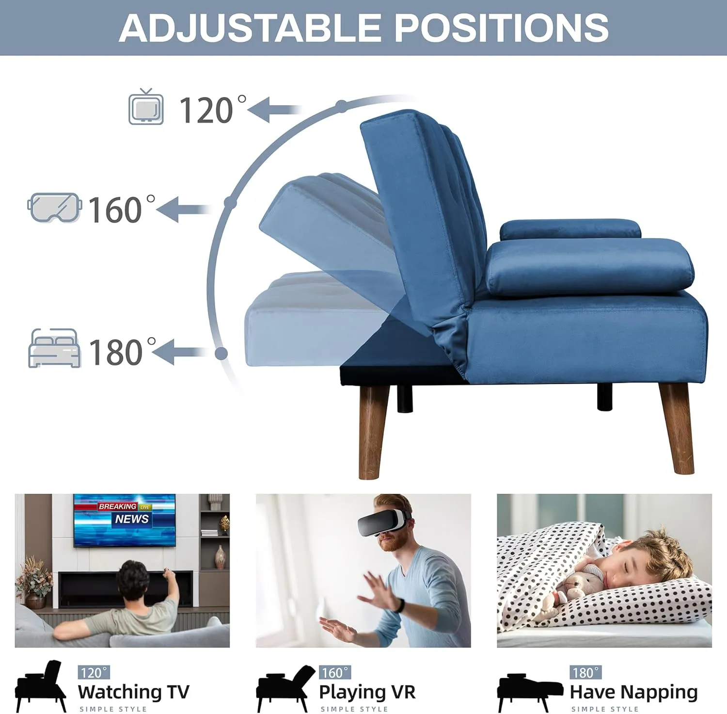JAMFLY Futon Couch Sofa Bed Convertible, Small Sleeper Sofa Chair Loveseat with Cup Holder for Small Spaces, Living Room, Bedroom, Gameroom, Apartment, Dorm (Blue)