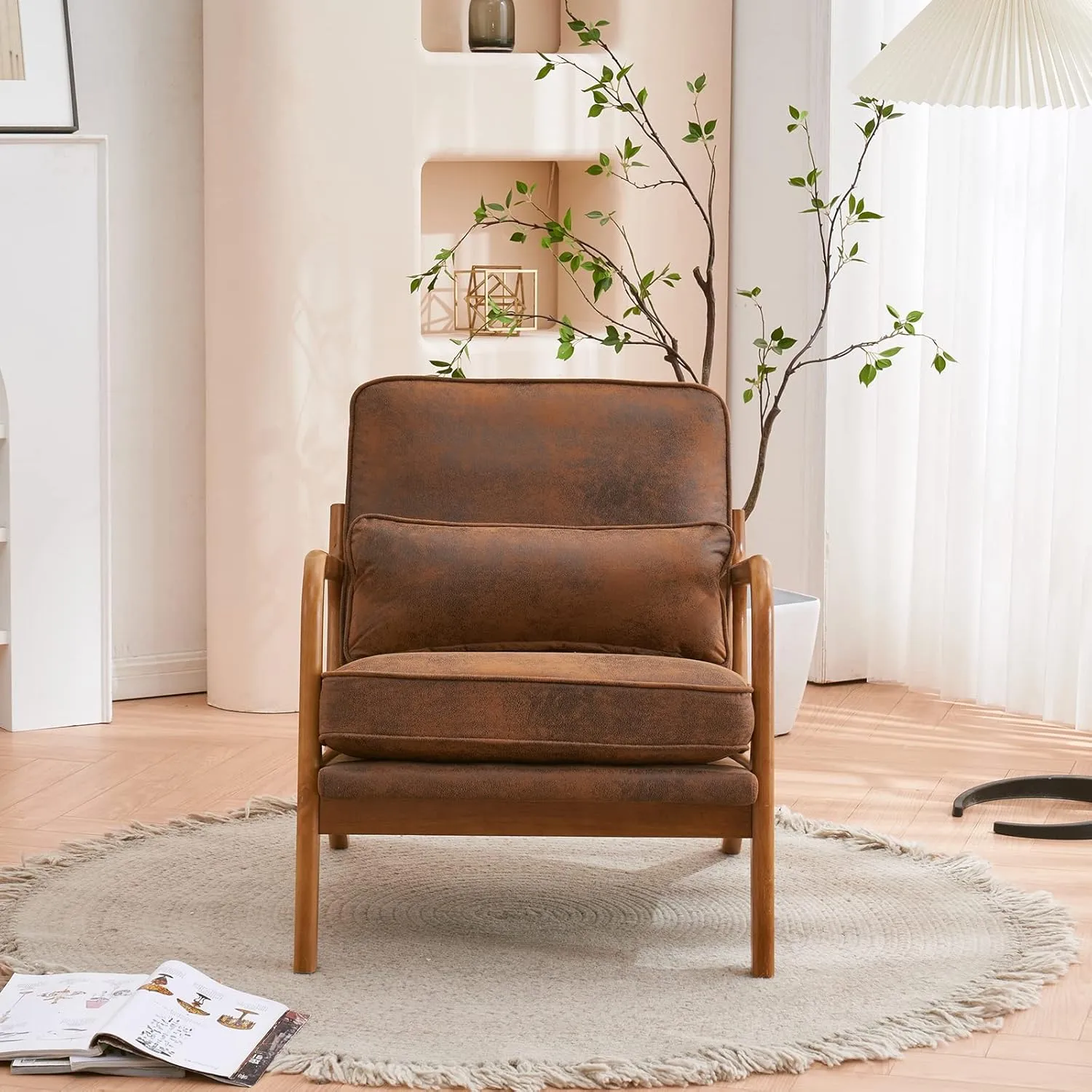 Karl home Accent Chair Mid-Century Modern Chair with Pillow Bronzing Cloth Upholstered Lounge Arm Chair with Solid Wood Frame & Soft Cushion for Living Room, Bedroom, Balcony, Brown