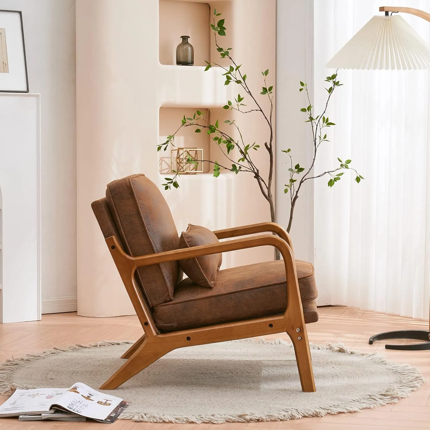 Karl home Accent Chair Mid-Century Modern Chair with Pillow Bronzing Cloth Upholstered Lounge Arm Chair with Solid Wood Frame & Soft Cushion for Living Room, Bedroom, Balcony, Brown