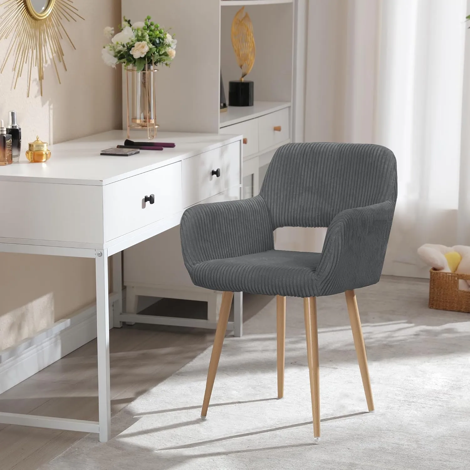 KCC Small Modern Dining Room Arm Chairs 1 Piece, Mid-Century Upholstered Corduroy Fabric Side Seat Club Guest with Metal Tube Legs for Kitchen, Living Room, Gray