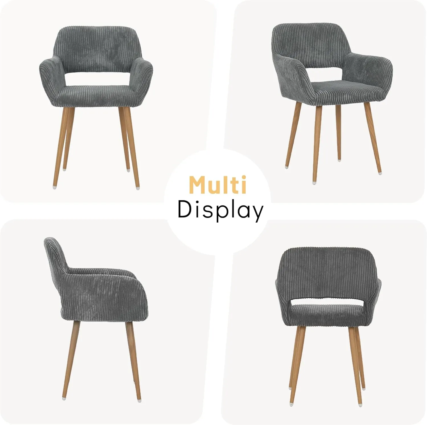 KCC Small Modern Dining Room Arm Chairs 1 Piece, Mid-Century Upholstered Corduroy Fabric Side Seat Club Guest with Metal Tube Legs for Kitchen, Living Room, Gray