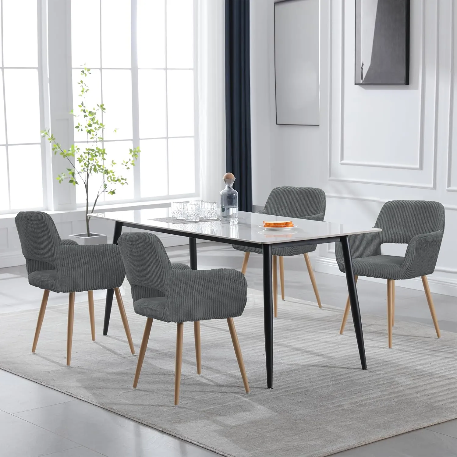 KCC Small Modern Dining Room Arm Chairs 1 Piece, Mid-Century Upholstered Corduroy Fabric Side Seat Club Guest with Metal Tube Legs for Kitchen, Living Room, Gray