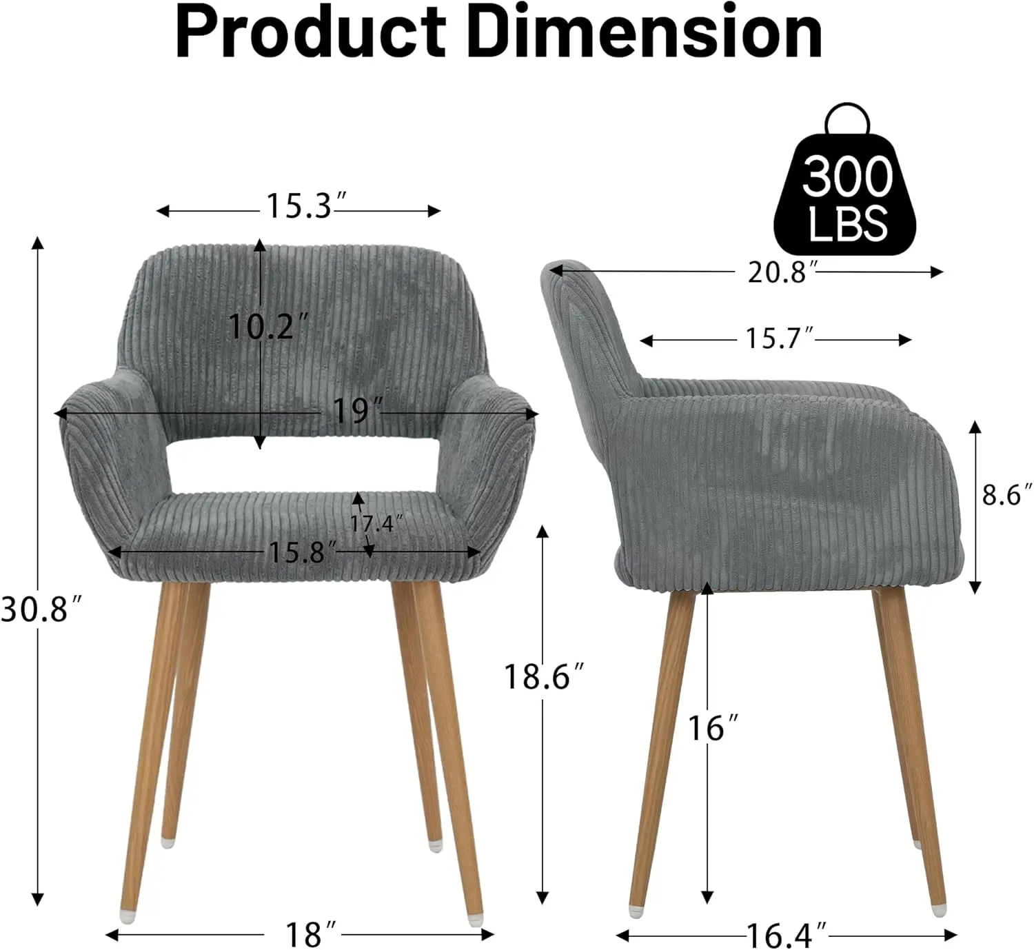 KCC Small Modern Dining Room Arm Chairs 1 Piece, Mid-Century Upholstered Corduroy Fabric Side Seat Club Guest with Metal Tube Legs for Kitchen, Living Room, Gray