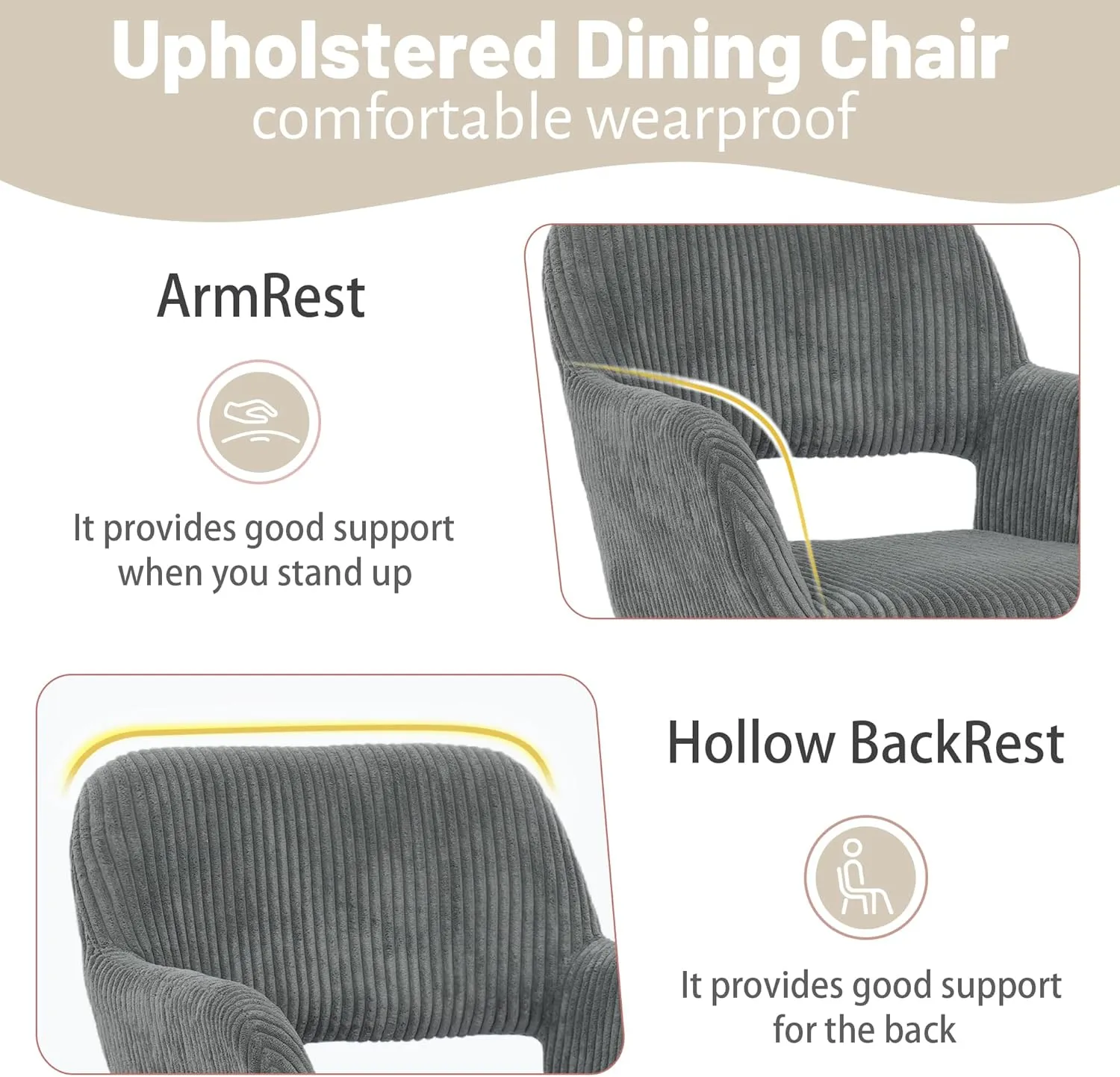 KCC Small Modern Dining Room Arm Chairs 1 Piece, Mid-Century Upholstered Corduroy Fabric Side Seat Club Guest with Metal Tube Legs for Kitchen, Living Room, Gray