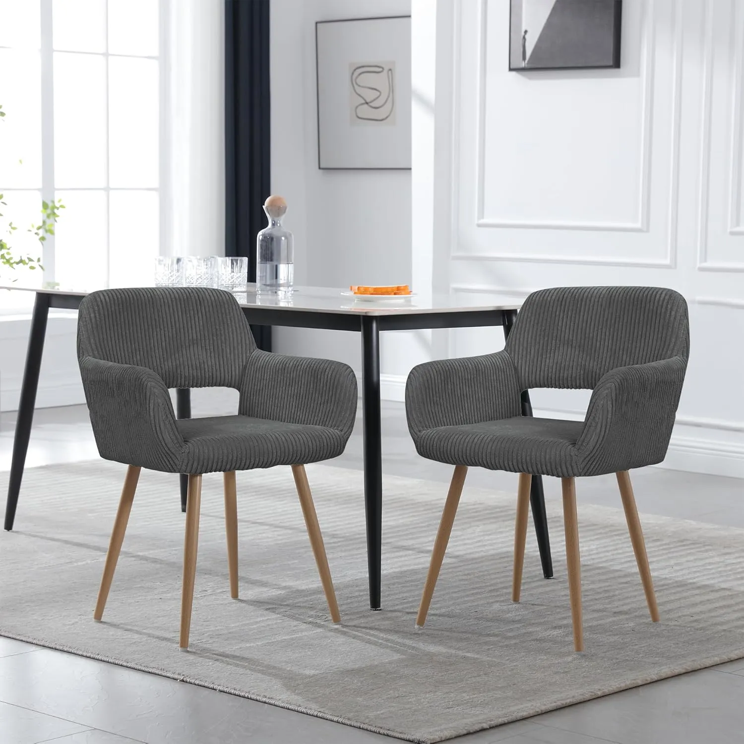KCC Small Modern Dining Room Arm Chairs 1 Piece, Mid-Century Upholstered Corduroy Fabric Side Seat Club Guest with Metal Tube Legs for Kitchen, Living Room, Gray