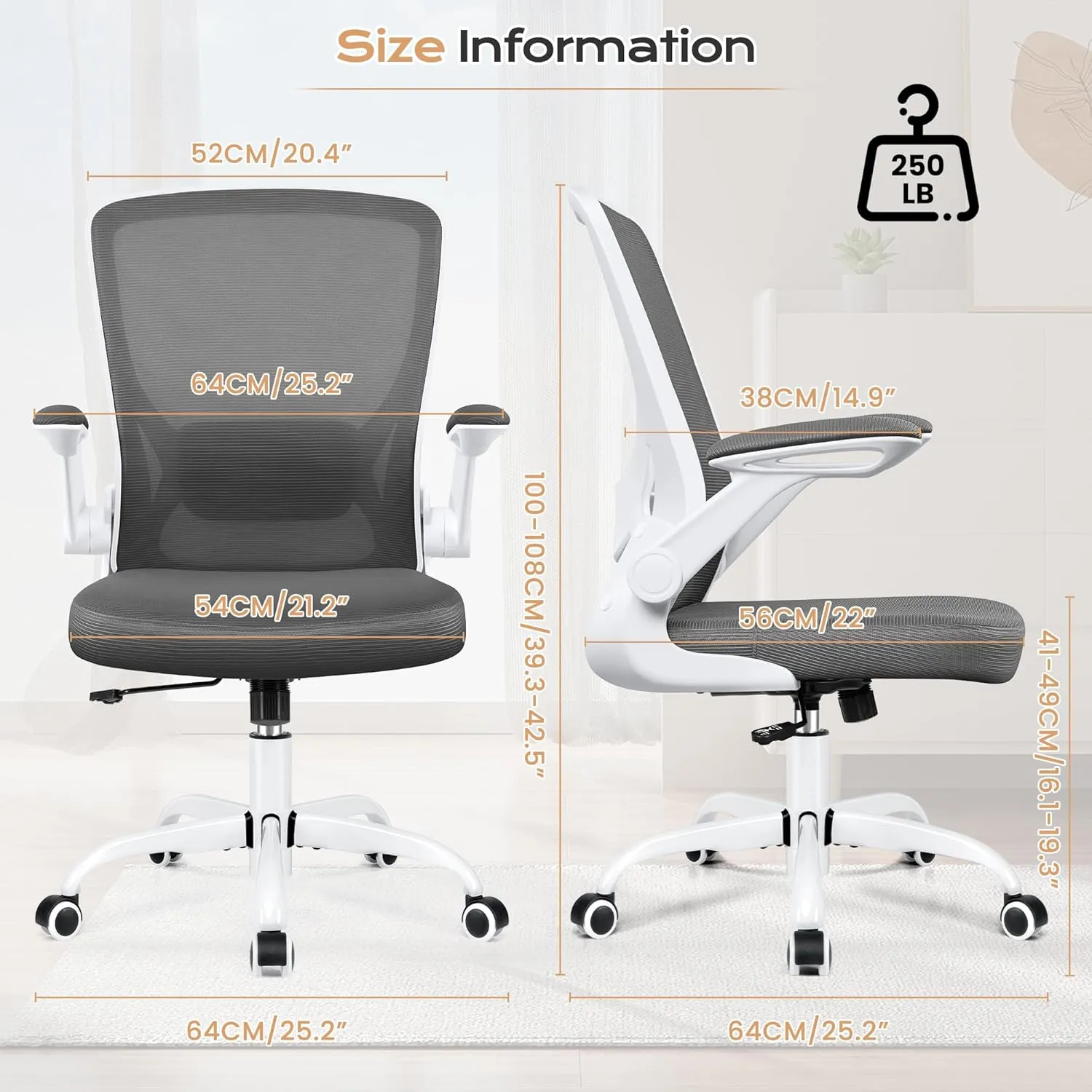 KERDOM Ergonomic Office Chair, Breathable Mesh Desk Chair, Lumbar Support Computer Chair with Wheels and Flip-up Arms, Swivel Task Chair, Adjustable Height Home Gaming Chair (DeepGray), 9060