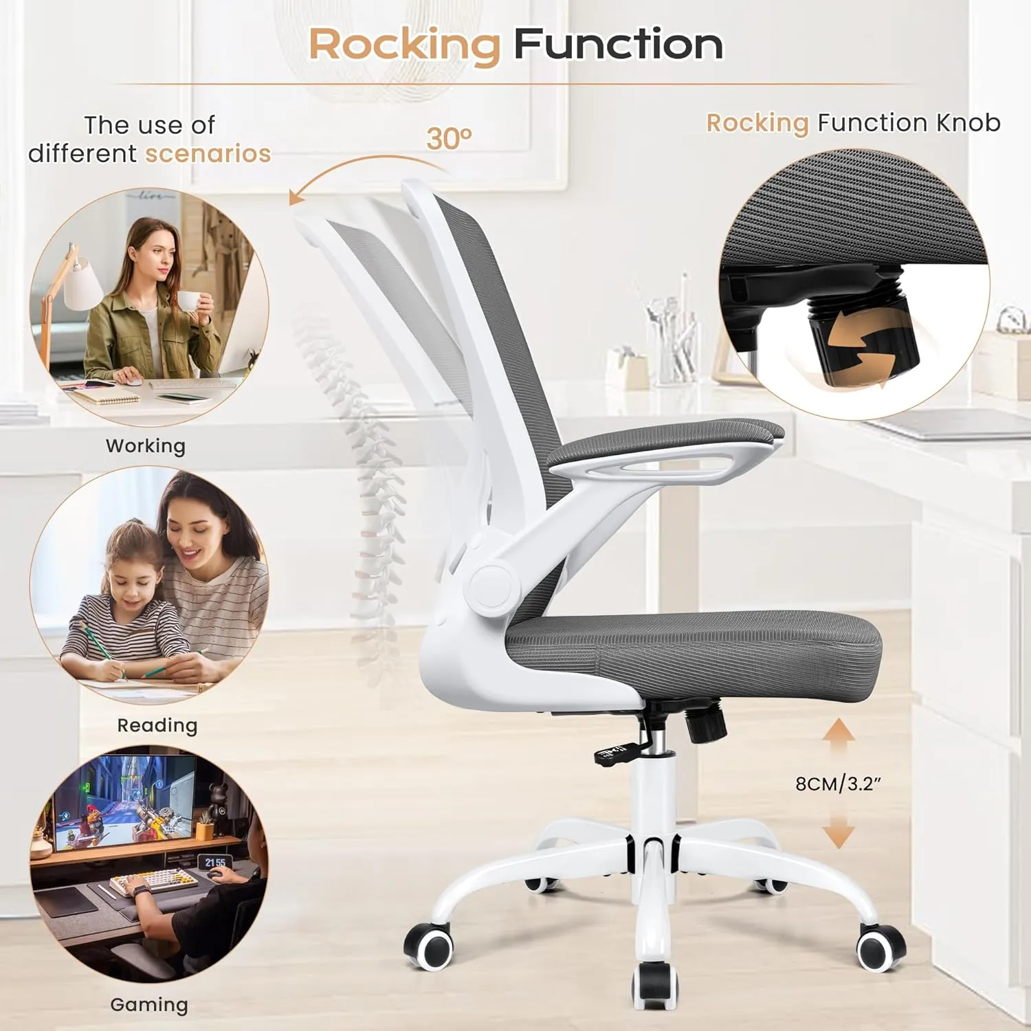 KERDOM Ergonomic Office Chair, Breathable Mesh Desk Chair, Lumbar Support Computer Chair with Wheels and Flip-up Arms, Swivel Task Chair, Adjustable Height Home Gaming Chair (DeepGray), 9060