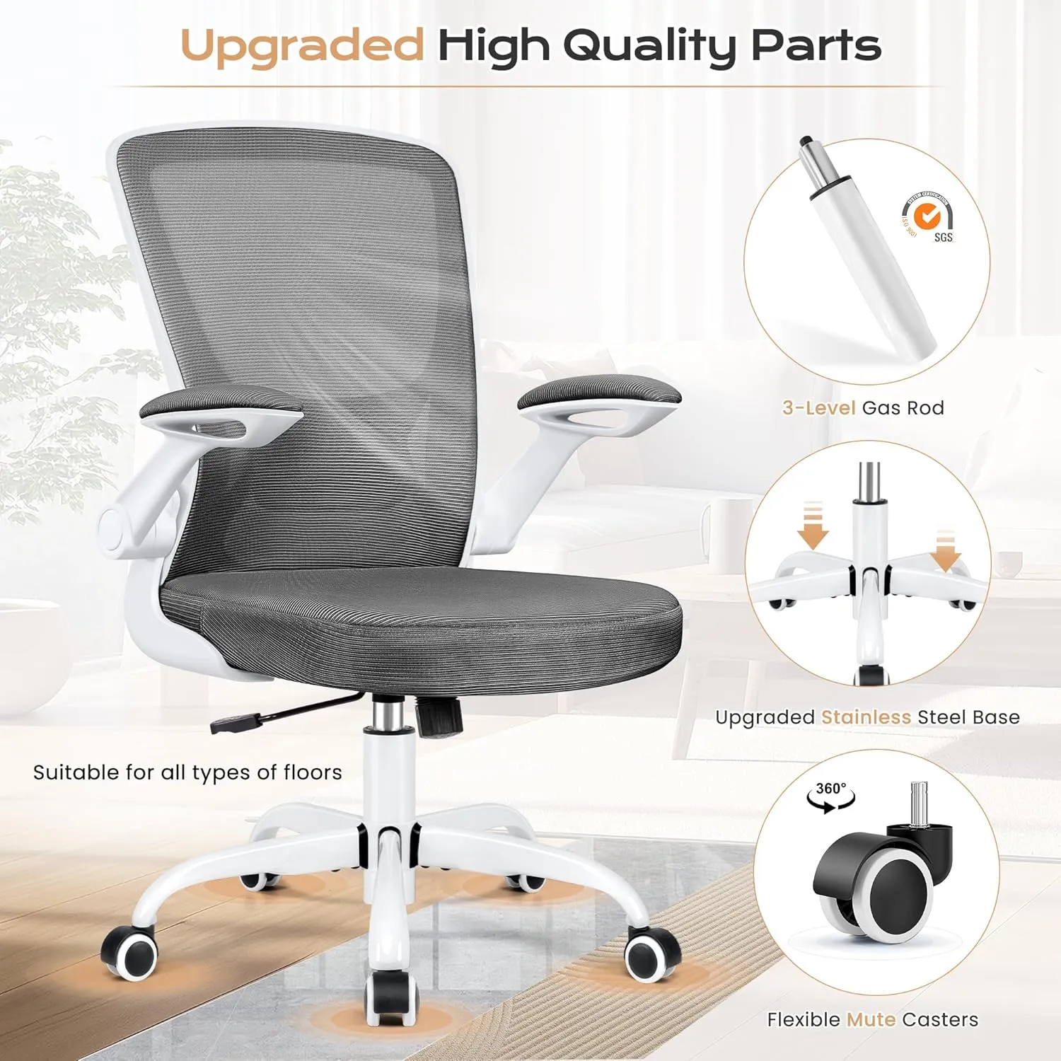 KERDOM Ergonomic Office Chair, Breathable Mesh Desk Chair, Lumbar Support Computer Chair with Wheels and Flip-up Arms, Swivel Task Chair, Adjustable Height Home Gaming Chair (DeepGray), 9060