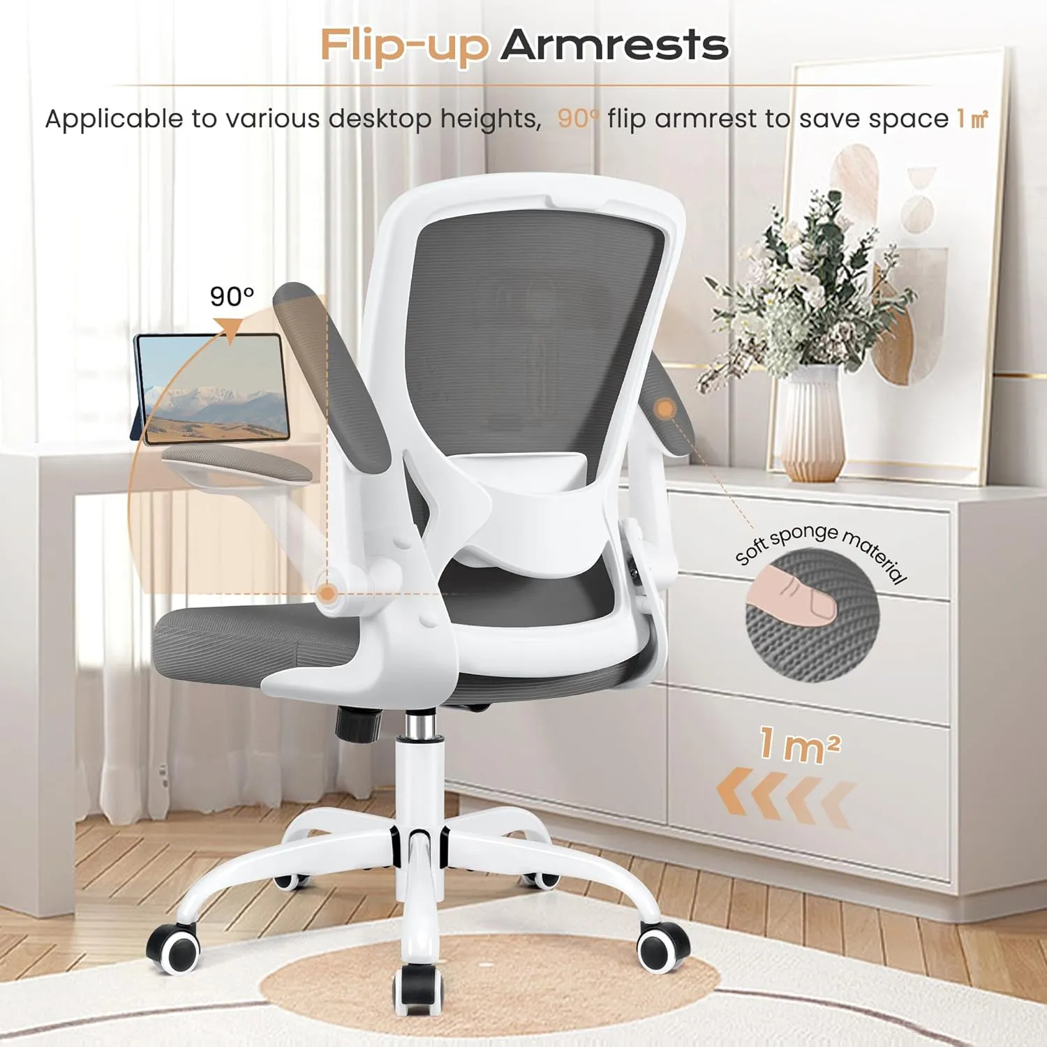 KERDOM Ergonomic Office Chair, Breathable Mesh Desk Chair, Lumbar Support Computer Chair with Wheels and Flip-up Arms, Swivel Task Chair, Adjustable Height Home Gaming Chair (DeepGray), 9060