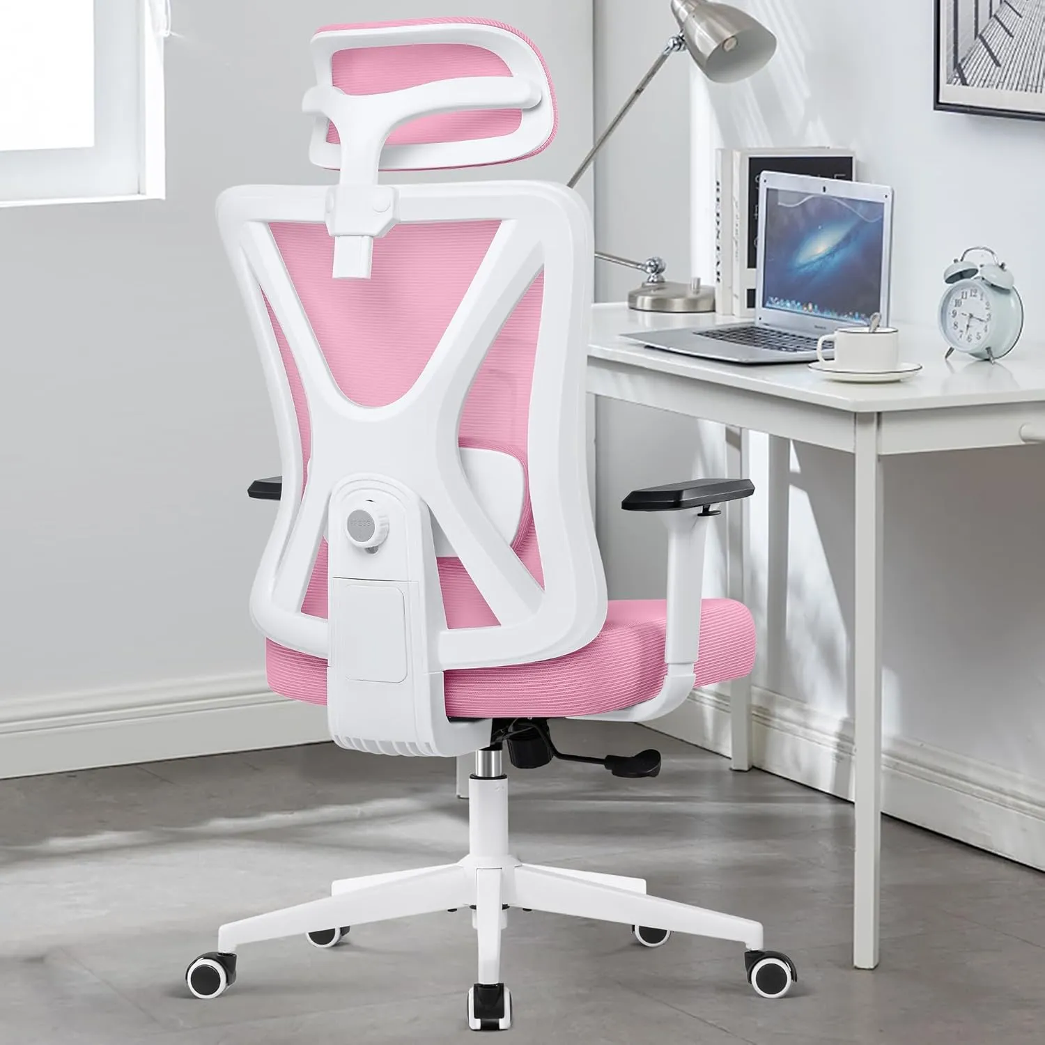 KERDOM Ergonomic Office Chair Desk Chair Comfortable Mesh Gaming Computer Swivel Rolling Chair, High Back Office Chair with Wheels, Headrest, 3D Armrest and Lumbar Support Home Office Desk Chair Pink