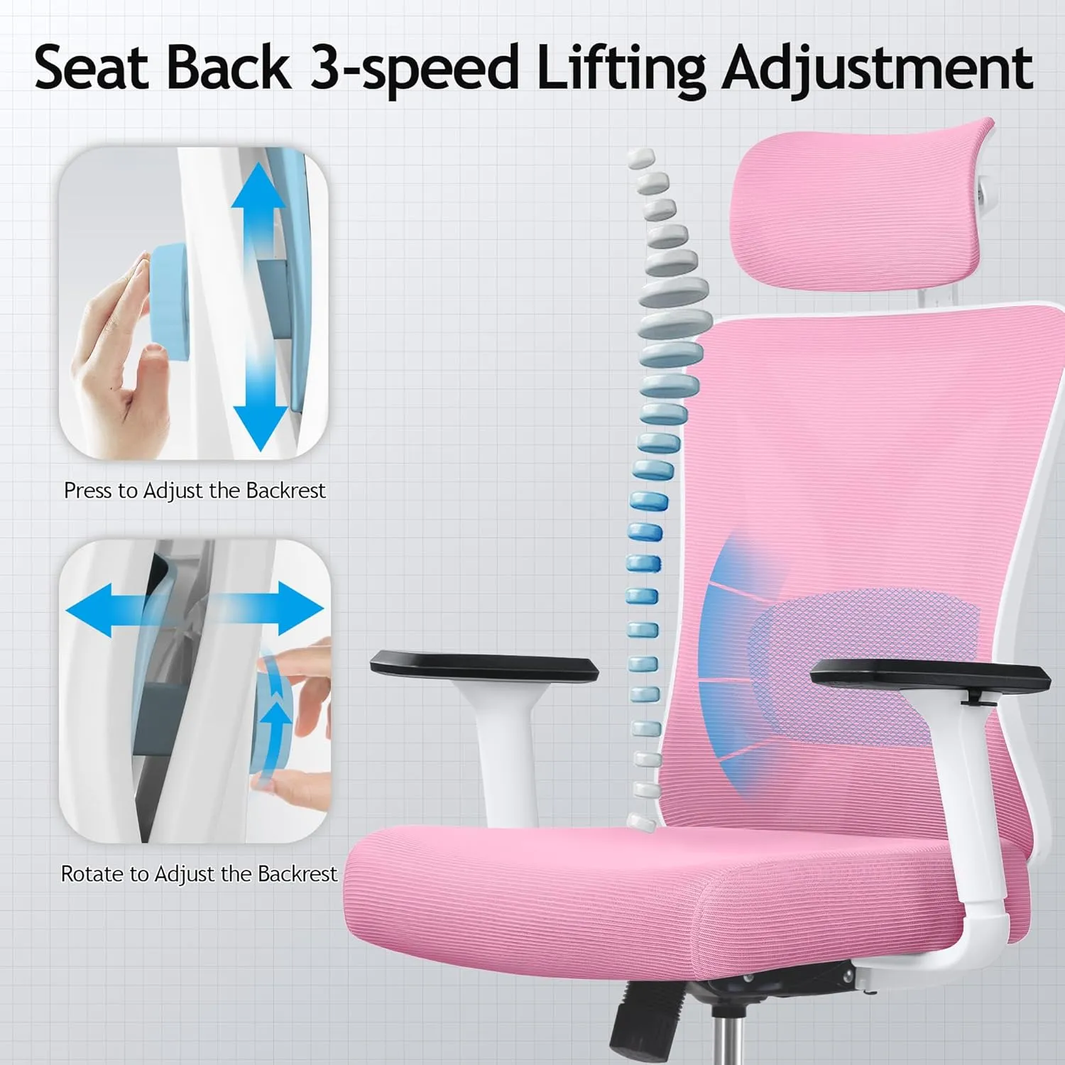 KERDOM Ergonomic Office Chair Desk Chair Comfortable Mesh Gaming Computer Swivel Rolling Chair, High Back Office Chair with Wheels, Headrest, 3D Armrest and Lumbar Support Home Office Desk Chair Pink