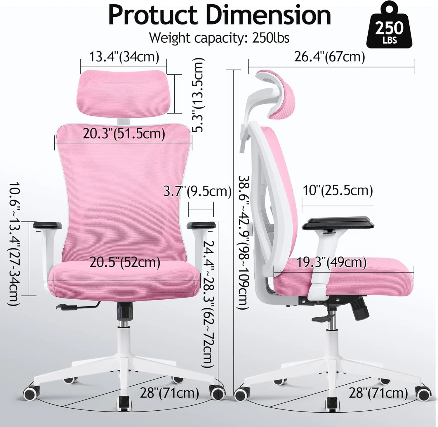 KERDOM Ergonomic Office Chair Desk Chair Comfortable Mesh Gaming Computer Swivel Rolling Chair, High Back Office Chair with Wheels, Headrest, 3D Armrest and Lumbar Support Home Office Desk Chair Pink