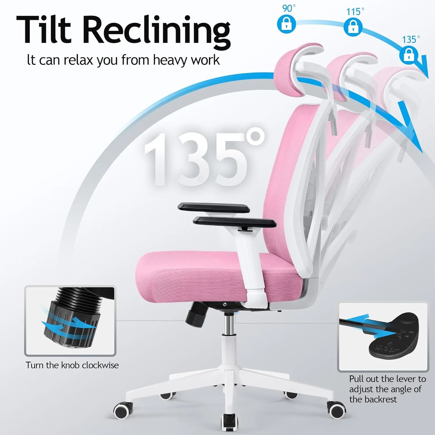 KERDOM Ergonomic Office Chair Desk Chair Comfortable Mesh Gaming Computer Swivel Rolling Chair, High Back Office Chair with Wheels, Headrest, 3D Armrest and Lumbar Support Home Office Desk Chair Pink